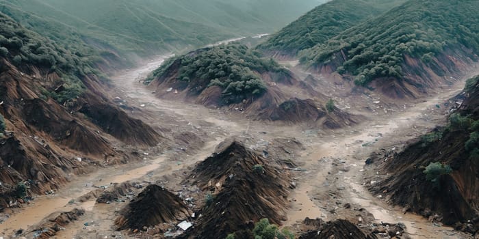 The aftermath of a massive landslide in a mountainous region, highlighting the chaotic debris flow and devastation left in its wake. Panorama