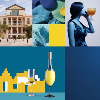 A mosaic of modern living with architecture, fashion, and wine in stylized hues