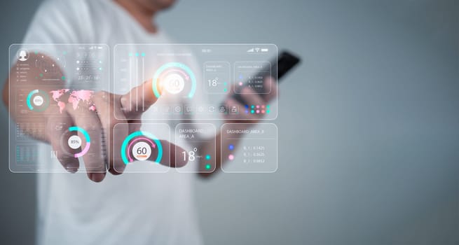 Human pointing fingers to use smart applications, Smart home concept, Smart home Automation Control System, Smart home dashboard interface control connected devices and set up automations.