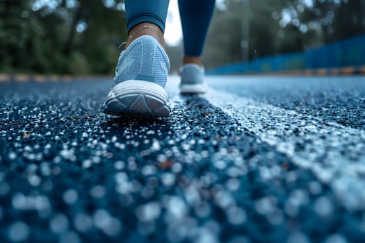 Close-up of a person's shoe while walking. Suitable for accompanying articles about the walking benefits, articles recommending places to walk for exercise, posting pictures with quotes about walking