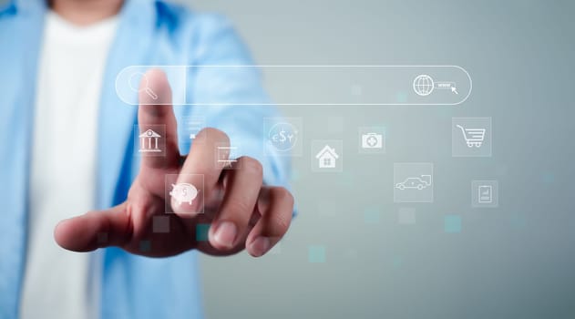 Businessman Search On Virtual Screen Data Search Technology Search Engine Optimization. Man use search engine to Searching for information. Using web Console for data, SEO.