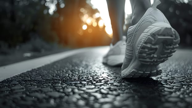 Close-up of a person's shoe while walking. Suitable for accompanying articles about the walking benefits, articles recommending places to walk for exercise, posting pictures with quotes about walking