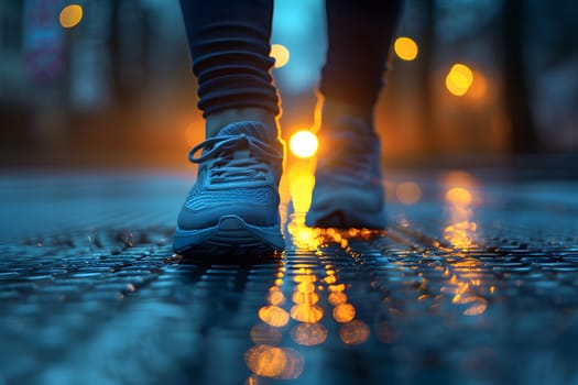 Close-up of a person's shoe while walking. Suitable for accompanying articles about the walking benefits, articles recommending places to walk for exercise, posting pictures with quotes about walking