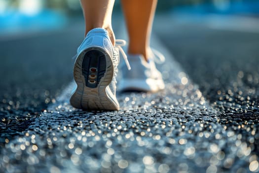 Close-up of a person's shoe while walking. Suitable for accompanying articles about the walking benefits, articles recommending places to walk for exercise, posting pictures with quotes about walking