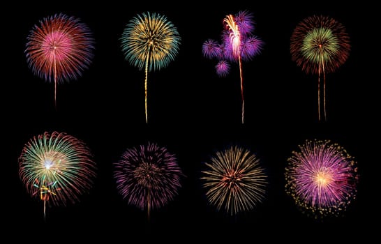 Eight colorful fireworks on black background