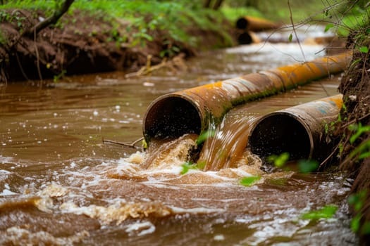 Dirty drain polluting a river. Contaminated water. AI generated