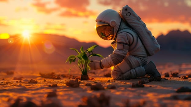 Astronaut planting a green plant on the alien planet. Concept of world environment day planting forest, nature, and ecology. AI generated