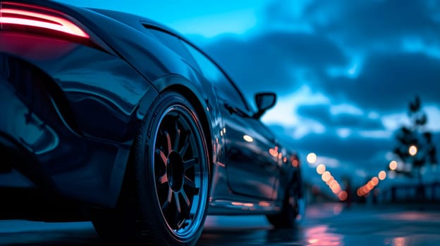 Back view of dark blue car. Close up LED Tail Lights of a car. AI generated