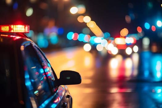 police car lights at night in city street with selective focus and bokeh. Neural network generated image. Not based on any actual person or scene.