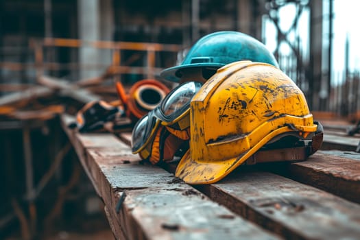 Old yellow hard hat at construction site. Neural network generated image. Not based on any actual scene or pattern.