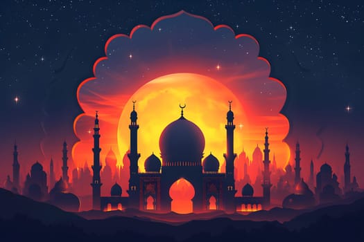 Ramadan mosque with starry night sky. Neural network generated in January 2024. Not based on any actual scene or pattern.