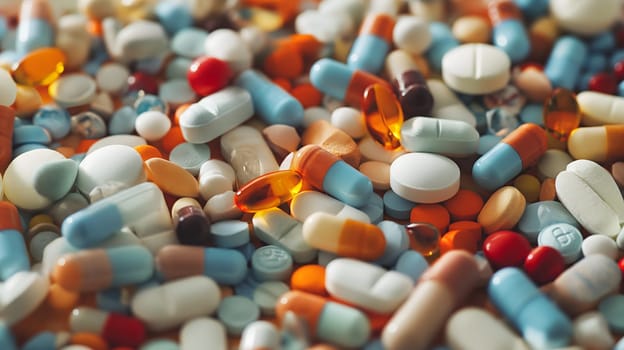 Pile of different medical pills, full-frame background. Neural network generated image. Not based on any actual scene or pattern.