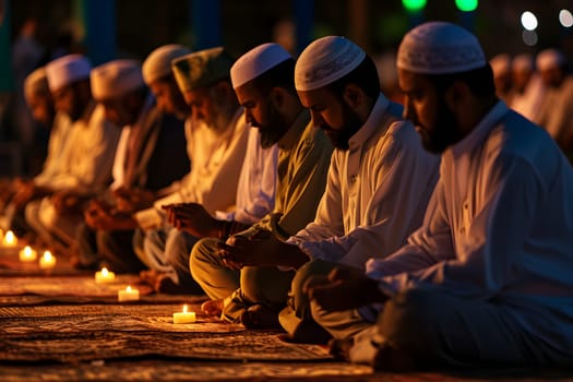 Muslim prayers in white clothes sitting in front of mosque at Ramadan night with selective focus. Neural network generated in January 2024. Not based on any actual scene or pattern.