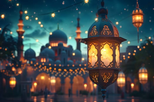 fanous Ramadan lanterns at night with blurry mosque in the background. Neural network generated in January 2024. Not based on any actual scene or pattern.