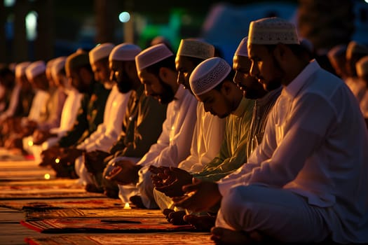 Muslim prayers in white clothes sitting in front of mosque at Ramadan night with selective focus. Neural network generated in January 2024. Not based on any actual scene or pattern.