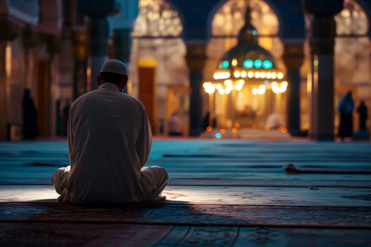 Muslim prayer in white clothes sitting in front of mosque at Ramadan night with selective focus. Neural network generated in January 2024. Not based on any actual scene or pattern.
