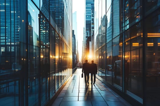 Close up abstract business background with businessmen navigating the cityscape, Interacting and collaborating. Neural network generated image. Not based on any actual person or scene.