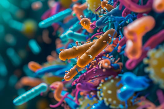 Diverse colorful abstract microbiome, containing many different types of microorganisms. Neural network generated in January 2024. Not based on any actual scene or pattern.