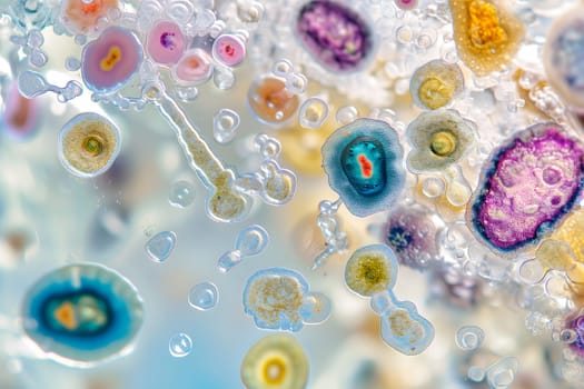 Diverse colorful abstract microbiome, containing many different types of microorganisms. Neural network generated in January 2024. Not based on any actual scene or pattern.