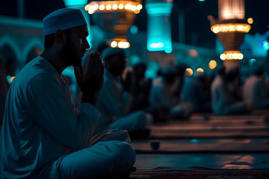 Muslim prayers in white clothes sitting in front of mosque at Ramadan night with selective focus. Neural network generated in January 2024. Not based on any actual scene or pattern.