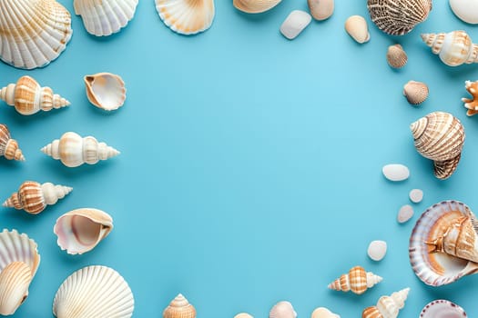 Seashells, pebbles, mockup on blue background. Blank, top view, still life, flat lay. Sea vacation travel concept tourism and resorts. Summer holidays. Neural network generated in January 2024. Not based on any actual scene or pattern.
