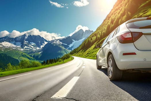 White car traveling with a mountain road at summer day. Neural network generated in January 2024. Not based on any actual scene or pattern.