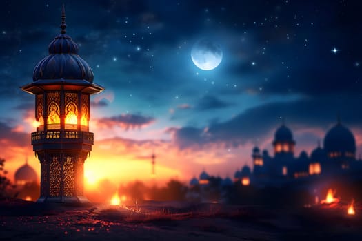 fanous Ramadan lanterns at night with moon and mosque in the background. Neural network generated in January 2024. Not based on any actual scene or pattern.