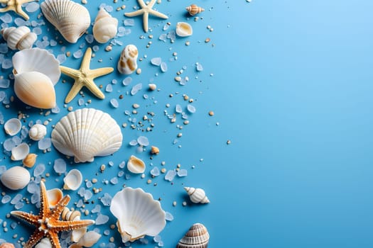 Seashells, pebbles, mockup on blue background. Blank, top view, still life, flat lay. Sea vacation travel concept tourism and resorts. Summer holidays. Neural network generated in January 2024. Not based on any actual scene or pattern.