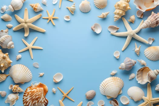 Seashells, pebbles, mockup on blue background. Blank, top view, still life, flat lay. Sea vacation travel concept tourism and resorts. Summer holidays. Neural network generated in January 2024. Not based on any actual scene or pattern.