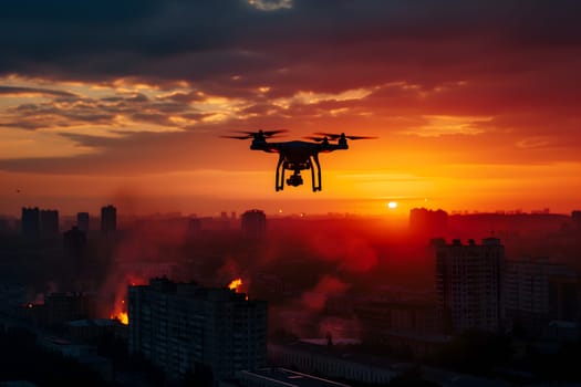 Copter drone over burning city at sunset or sunrise. Neural network generated image. Not based on any actual scene or pattern.