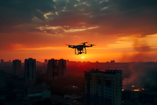 Copter drone over burning city. Neural network generated image. Not based on any actual scene or pattern.