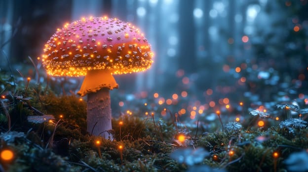 Magical mushroom in fantasy enchanted fairy tale forest. Neural network generated in January 2024. Not based on any actual scene or pattern.