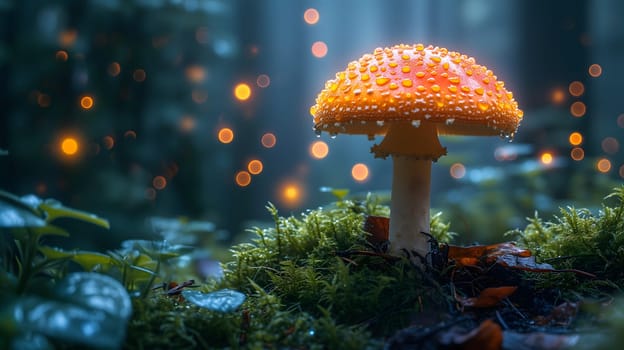 Magical mushroom in fantasy enchanted fairy tale forest. Neural network generated in January 2024. Not based on any actual scene or pattern.
