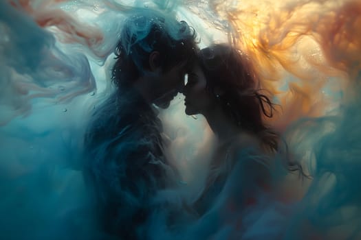 Man and woman embracing in surreal, colorful liquid fantasy dreamscape. Neural network generated image. Not based on any actual person or scene.