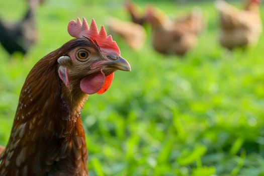 Portrait of hen on the chicken farm, closeup with bokeh. Neural network generated image. Not based on any actual person or scene.