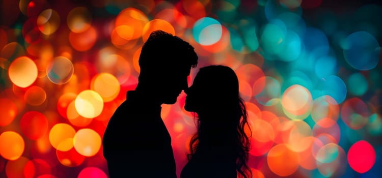Silhouette of a couple with a colorful bokeh background. Neural network generated image. Not based on any actual person or scene.