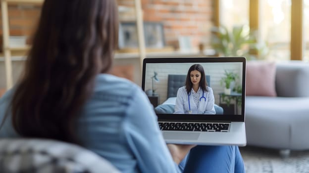 Telemedicine concept. Young lady consulting her doctor on laptop computer, using webcam from home. Neural network generated image. Not based on any actual person or scene.
