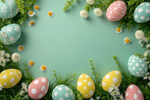 Easter eggs day background with copy space, high angle view. Neural network generated image. Not based on any actual scene or pattern.