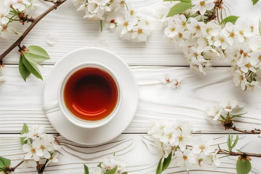 A cup of tea is on top a white table with blossoming floral branches. Neural network generated image. Not based on any actual scene or pattern.