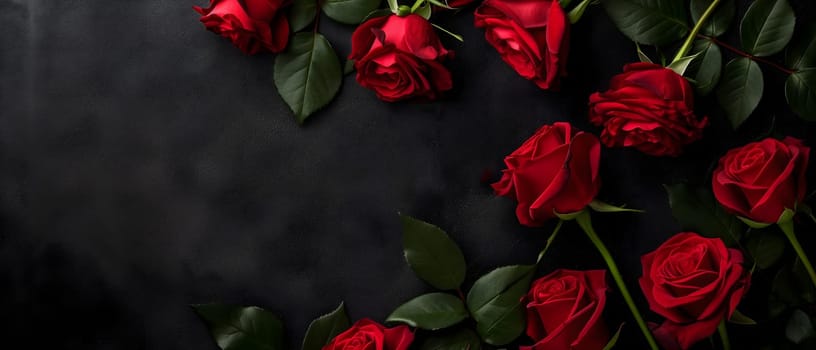Red roses on black background with copy space. Neural network generated image. Not based on any actual person or scene.