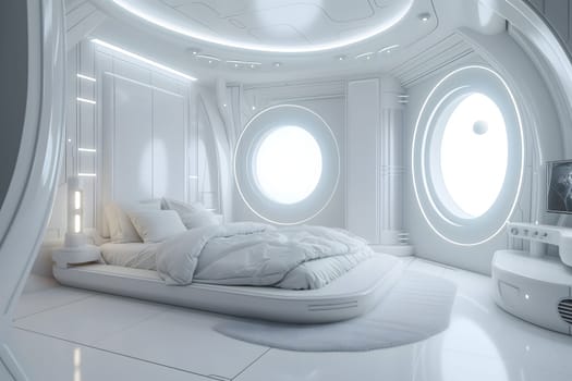 futuristic clean white space station style interior of bedroom. Neural network generated image. Not based on any actual scene or pattern.