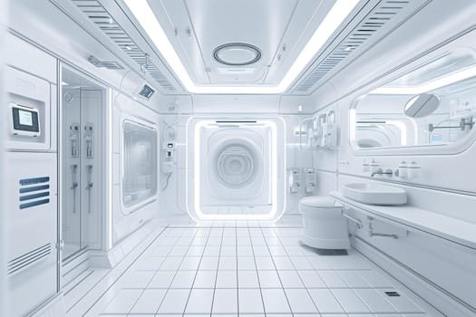 futuristic clean white space station style interior of bathroom. Neural network generated image. Not based on any actual scene or pattern.