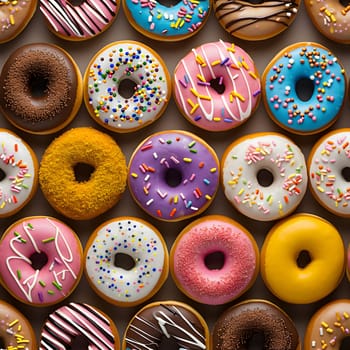 Seamless texture and pattern of colorful glazed doughnuts with high angle view. Neural network generated image. Not based on any actual scene or pattern.