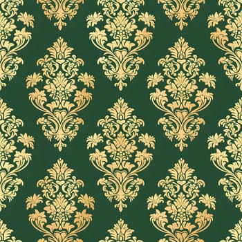 Seamless texture of green and gold damask pattern. Neural network generated image. Not based on any actual scene or pattern.