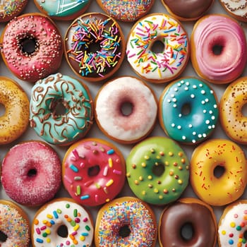 Seamless texture and pattern of colorful glazed doughnuts with high angle view. Neural network generated image. Not based on any actual scene or pattern.