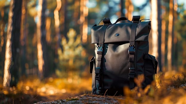A black backpack on a bright summer day in the forest. Travel adventure professional equipment. AI generated