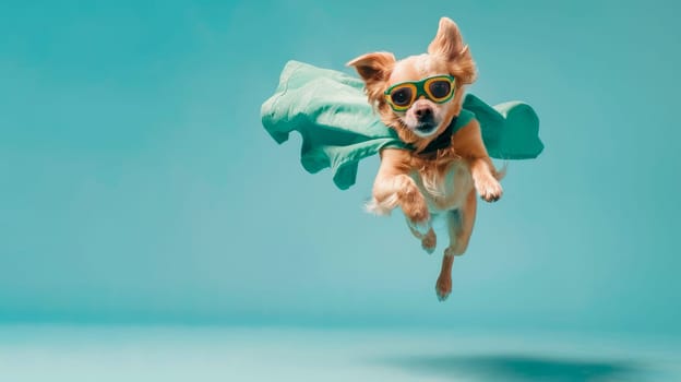 Dog super hero with a green cloak and eye mask jumping and flying on light blue background with copy space. AI generated