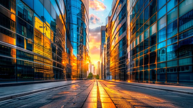 Empty street outside of modern office building exterior at sunrise. AI generated