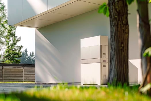 Heat pump installed at the wall of a modern house showing renewable energy sources. AI generated