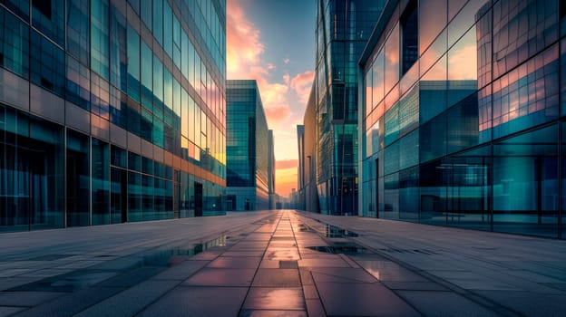 Empty ground floor outside of modern office building exterior at sunrise. AI generated